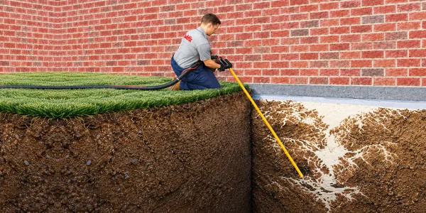 Subsidence repair — a Buildfix technician injecting GeoPoly™ resin deep beneath a brick home’s footing
