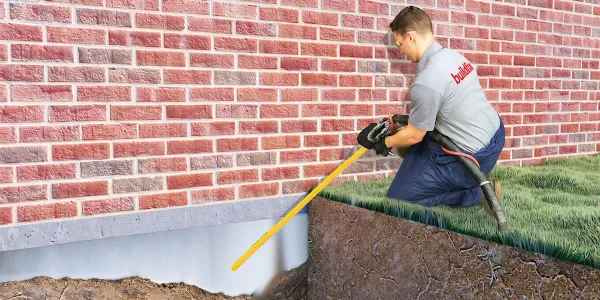 Our underpinning solution — a Buildfix technician injecting GeoPoly™ resin into the ground beneath a brick home’s footing